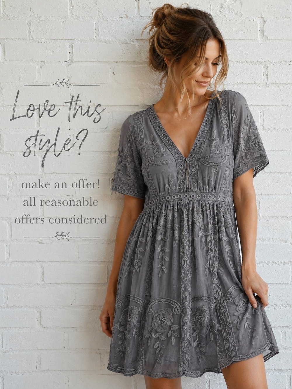 Haute Monde Gray Embroidered Mesh Babydoll Dress Boho Cottagecore Size S